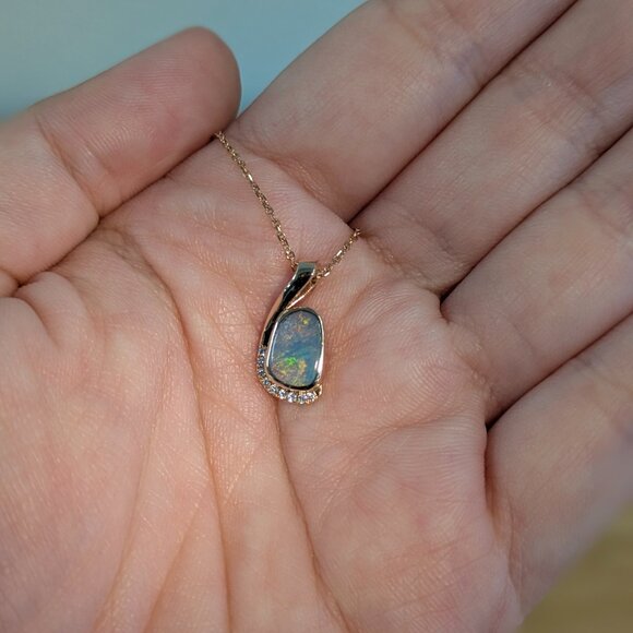 Boulder Opal Pendant in 14K Solid Rose Gold with Natural Diamond Accents - Picture 3 of 8
